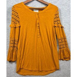 Maeve Mustard Boho Shirt Bell Sleeve Crochet Lace Sz‎ M